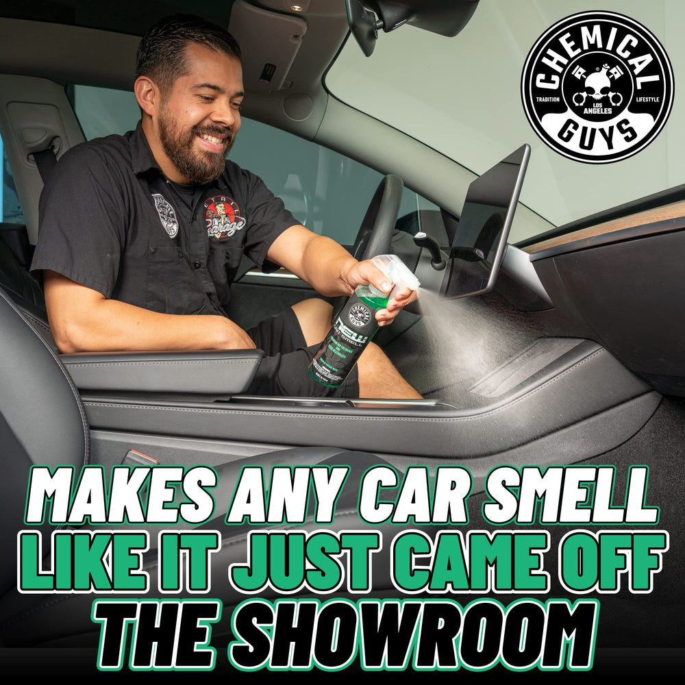 Chemical Guys close view of New Car label showing scent identity and purity