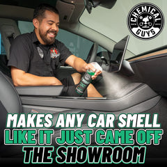 Chemical Guys close view of New Car label showing scent identity and purity