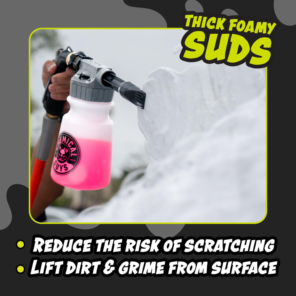 Chemical Guys gallon next to spray gun showing scale and cost-per-wash saving benefit