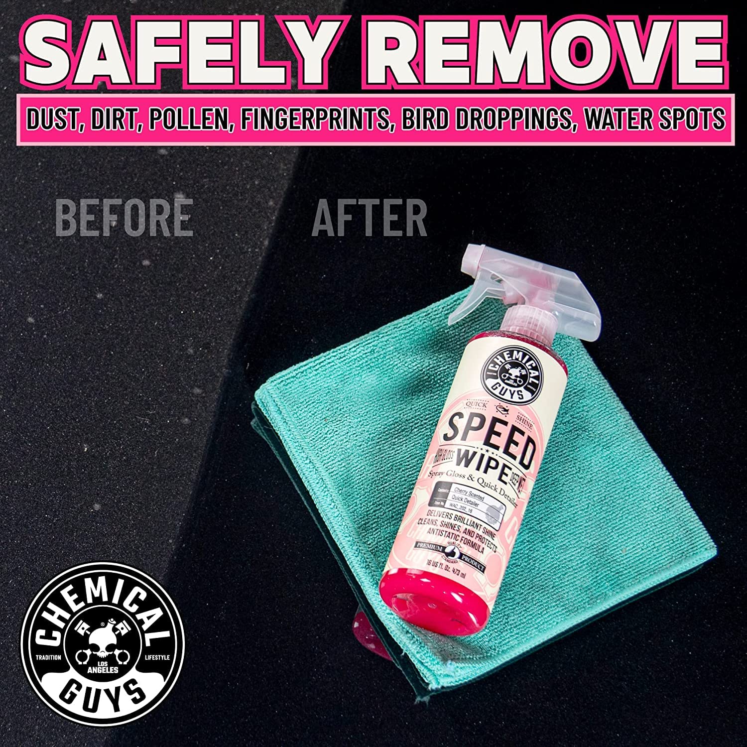 Chemical Guys Speed Wipe in a trunk ready for quick touch-ups and on-the-go shine
