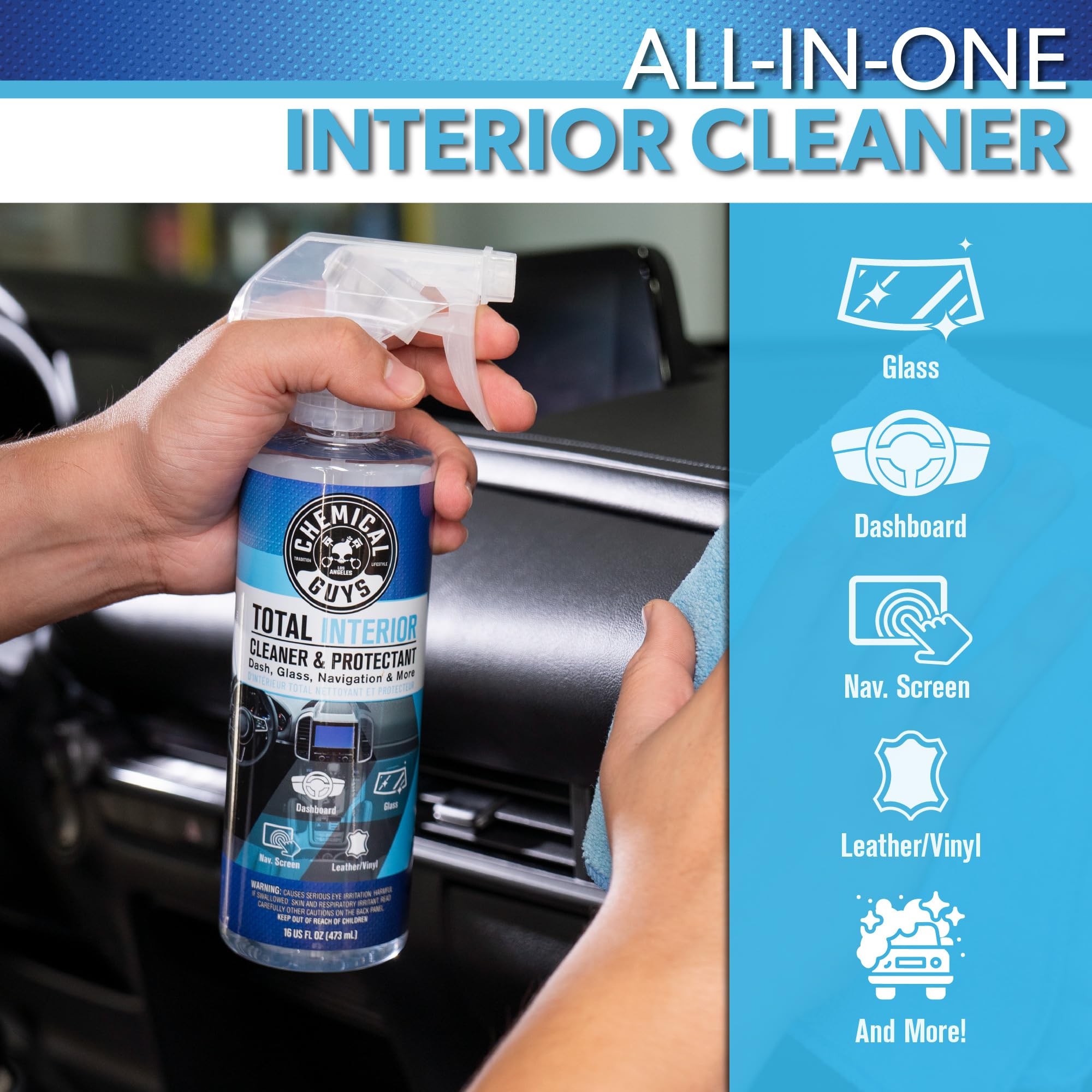 Chemical Guys spray action on dashboard demonstrating quick spray-and-wipe cleaning benefit