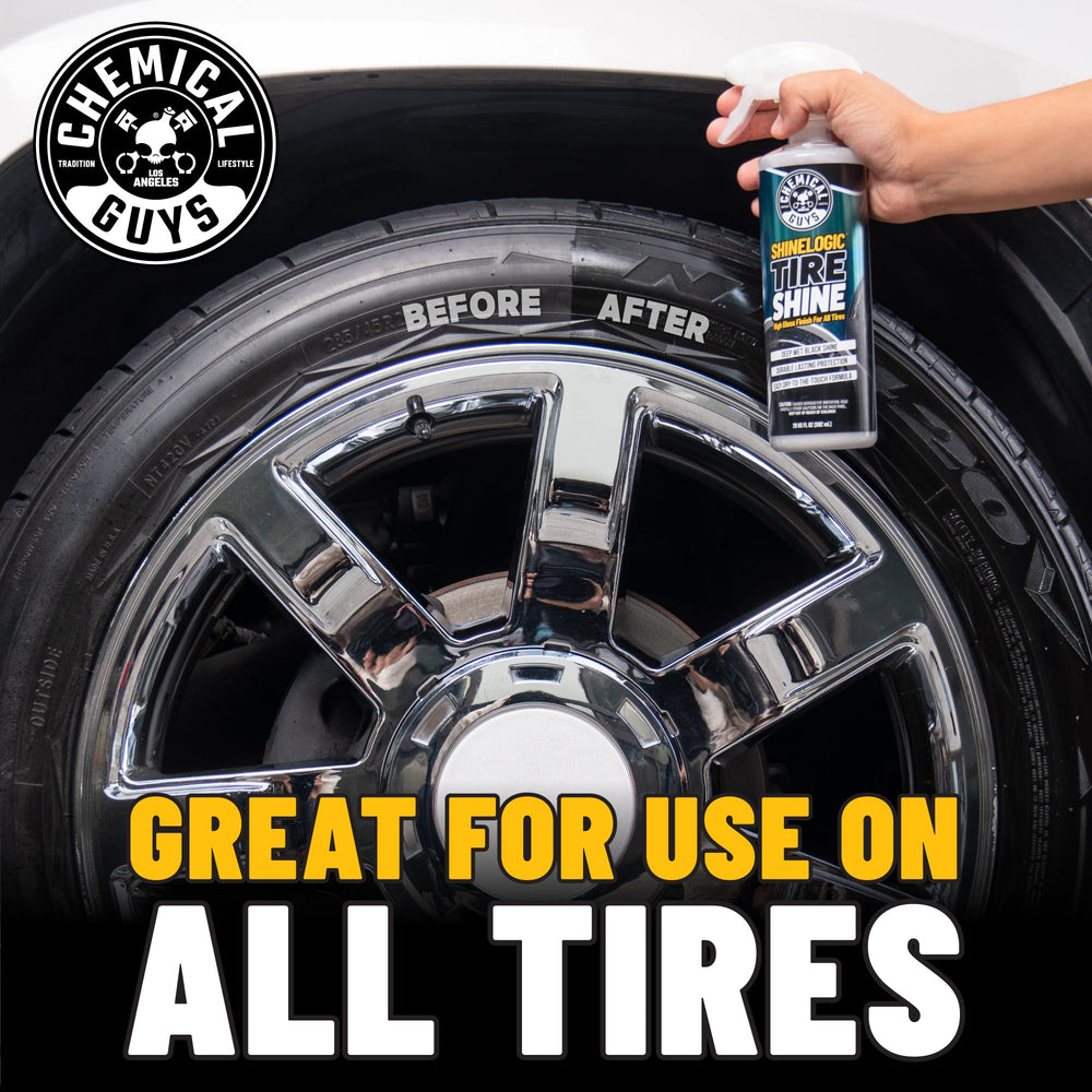 Chemical Guys spraying dressing onto tire for quick, full coverage