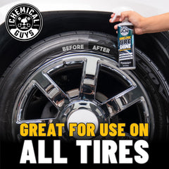 Chemical Guys spraying dressing onto tire for quick, full coverage