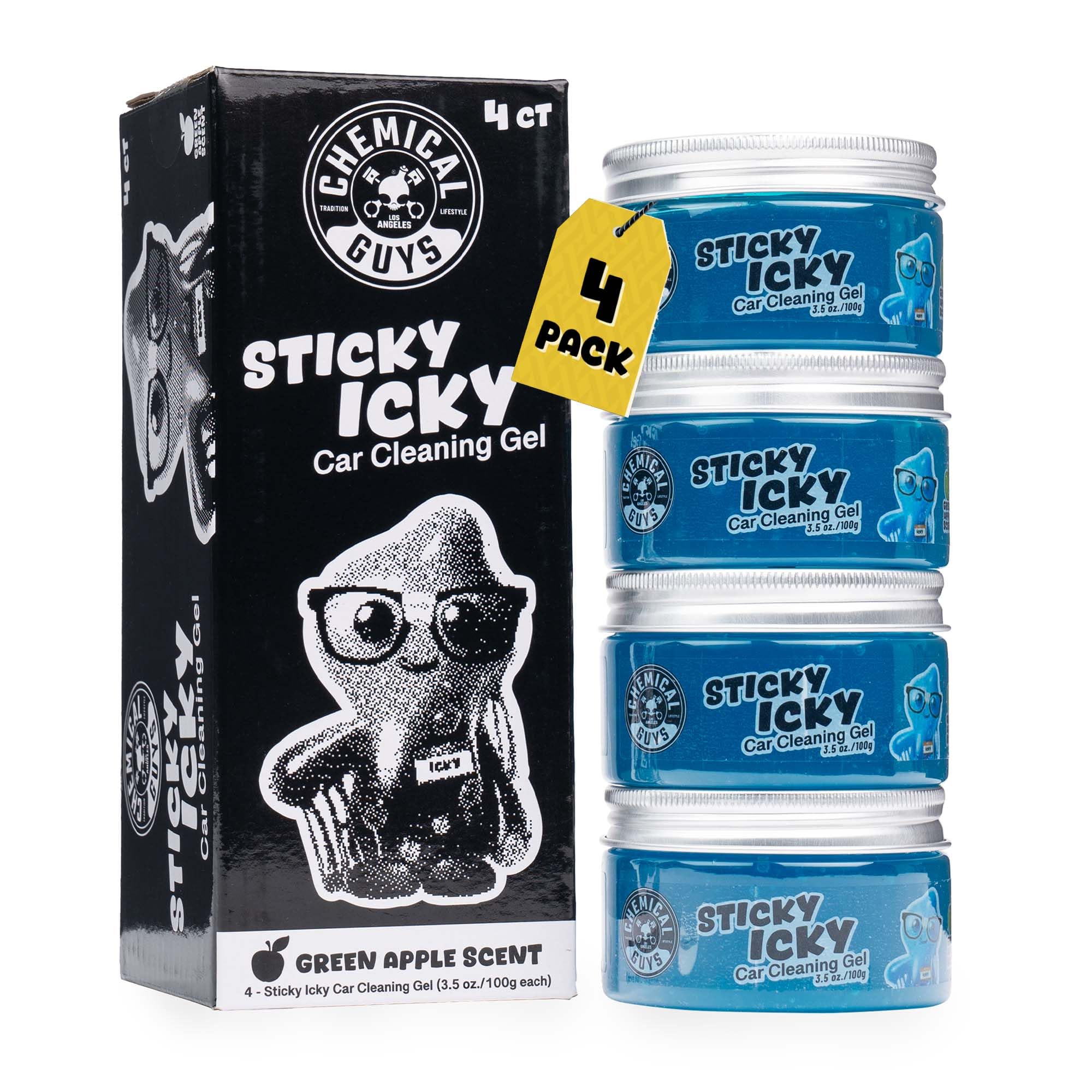 Chemical Guys front packaging showing four green-apple gel jars and benefits