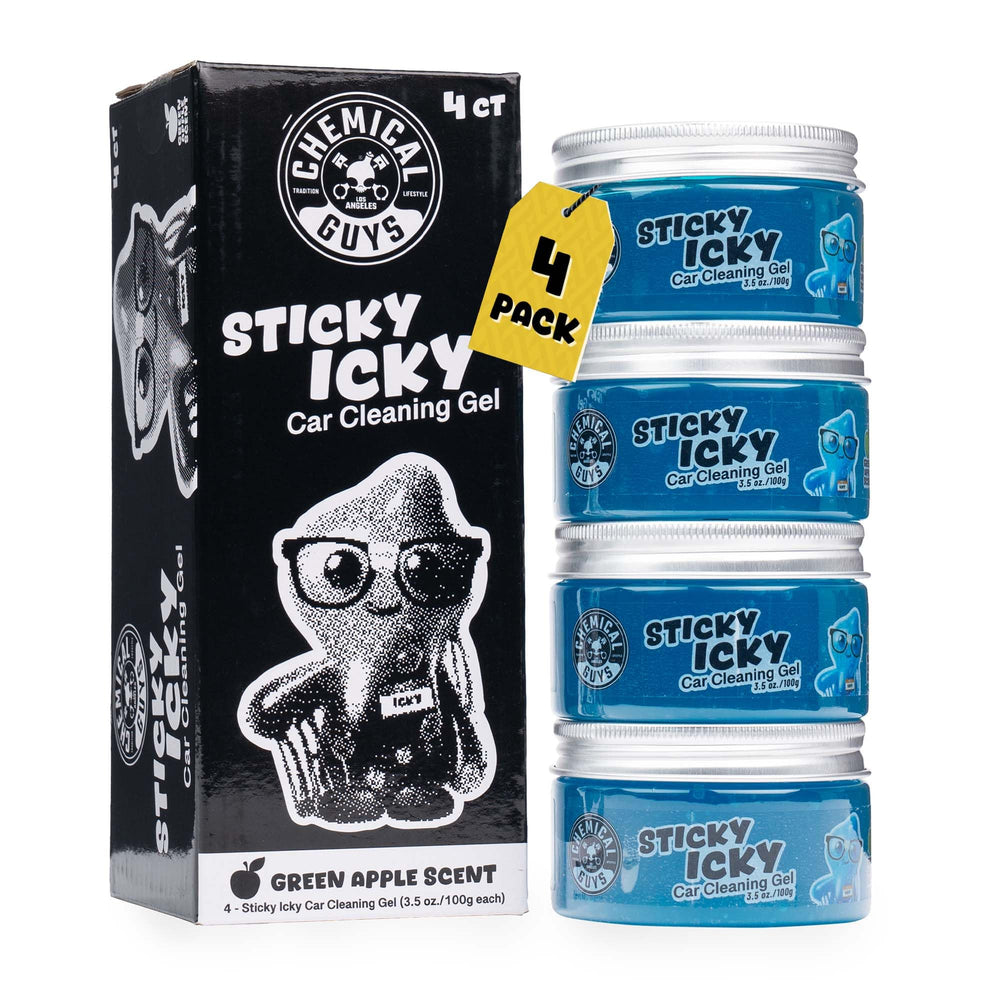 Chemical Guys front packaging showing four green-apple gel jars and benefits