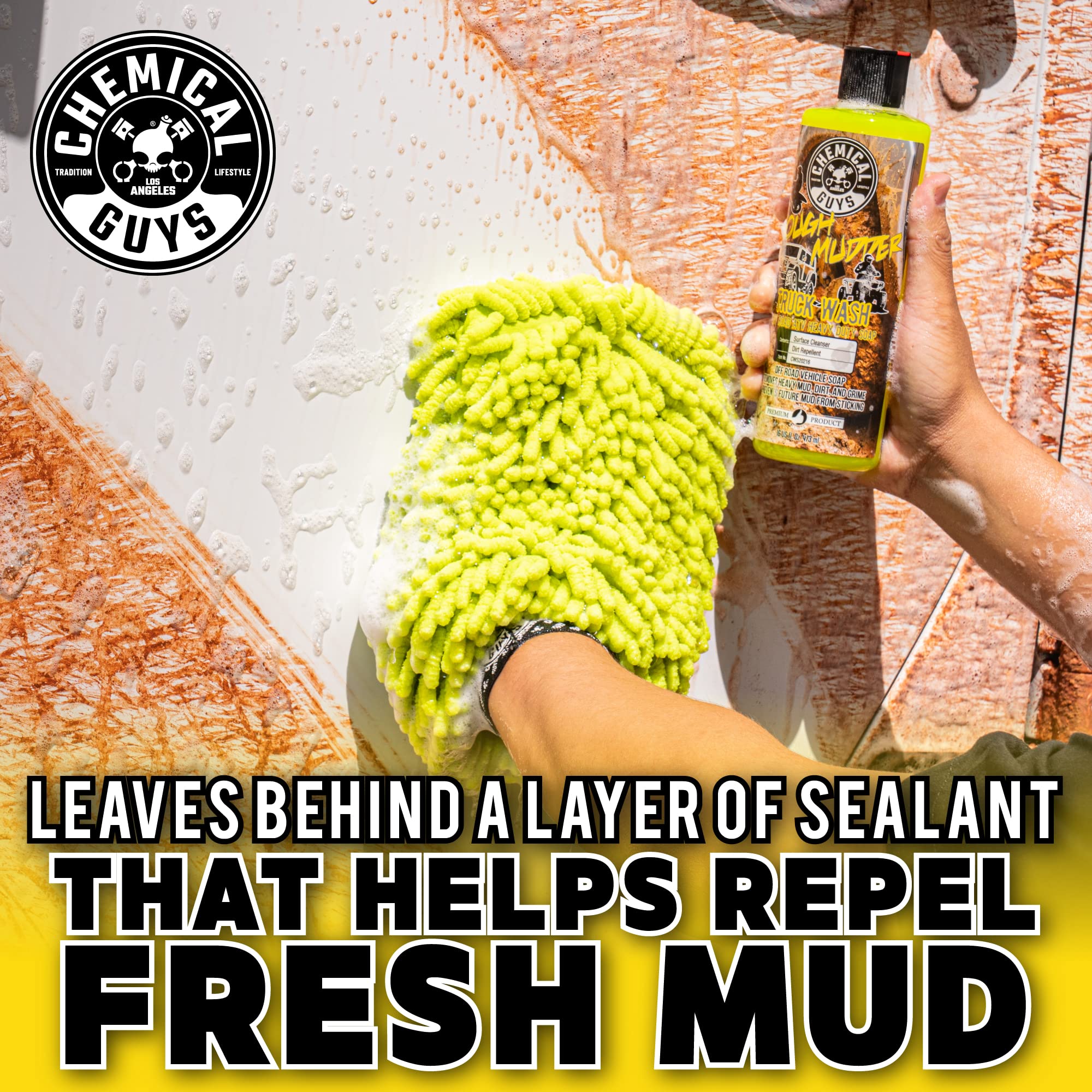 Chemical Guys thick foam clinging to truck surface to loosen heavy mud benefit