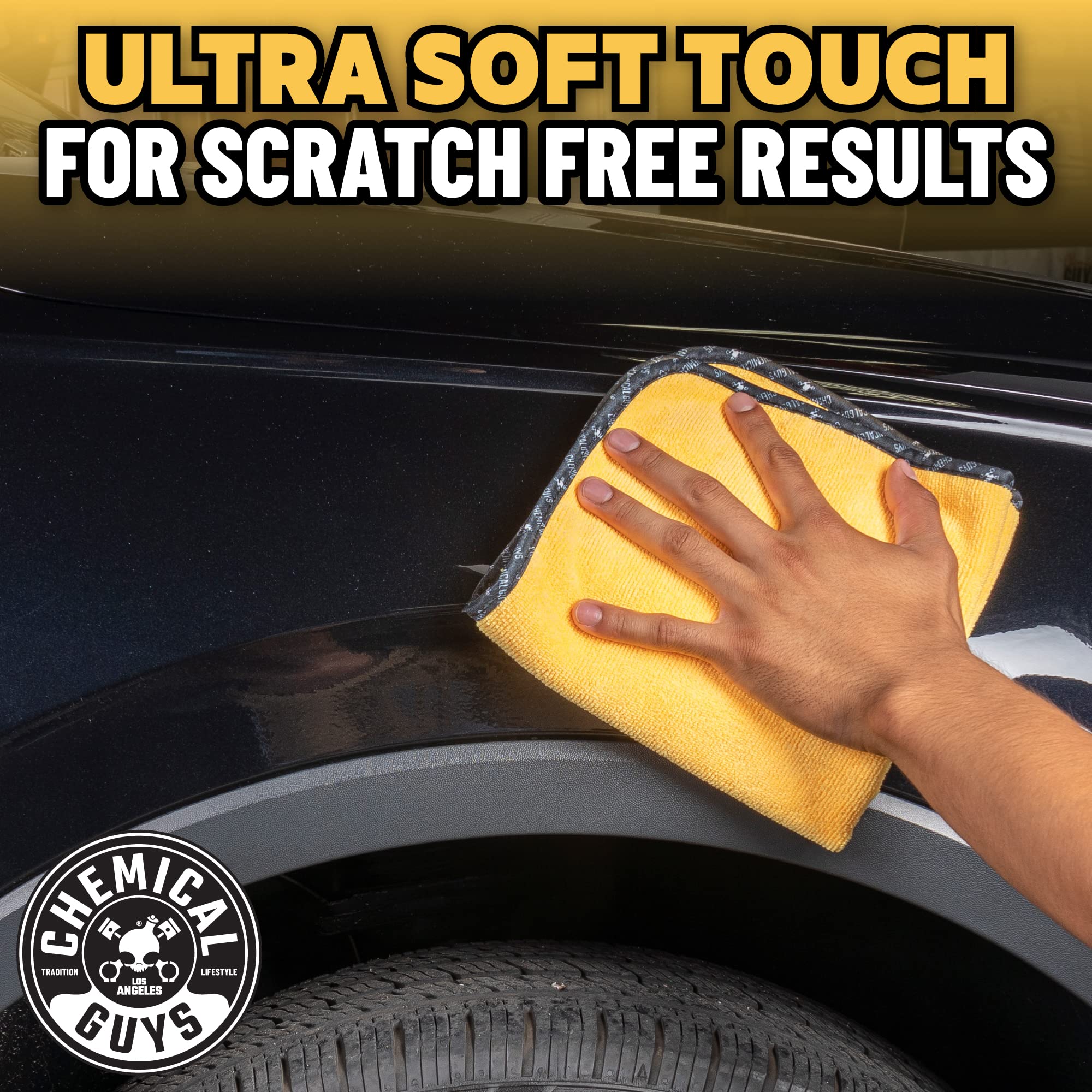 Chemical Guys towel wiping car hood illustrating fast drying and streak-free result