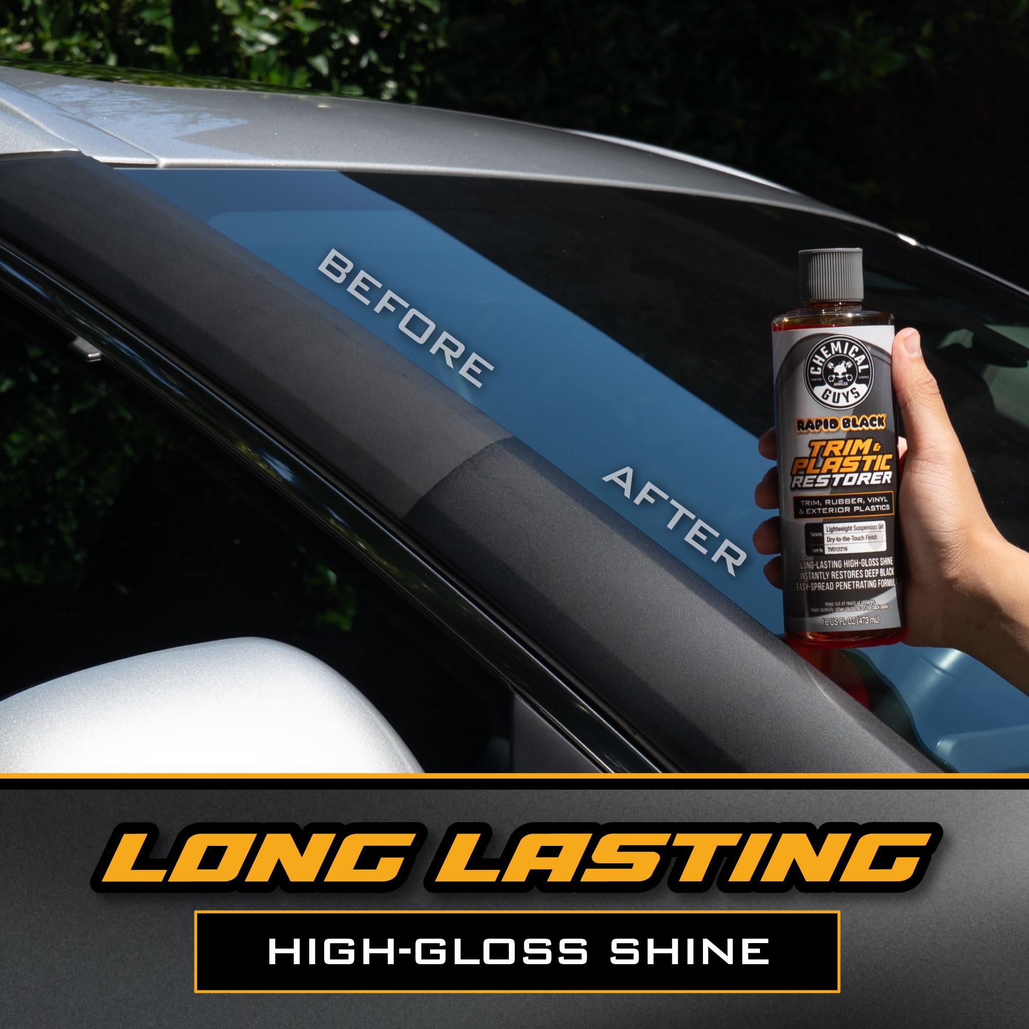 Chemical Guys before and after on bumper highlighting restored deep black