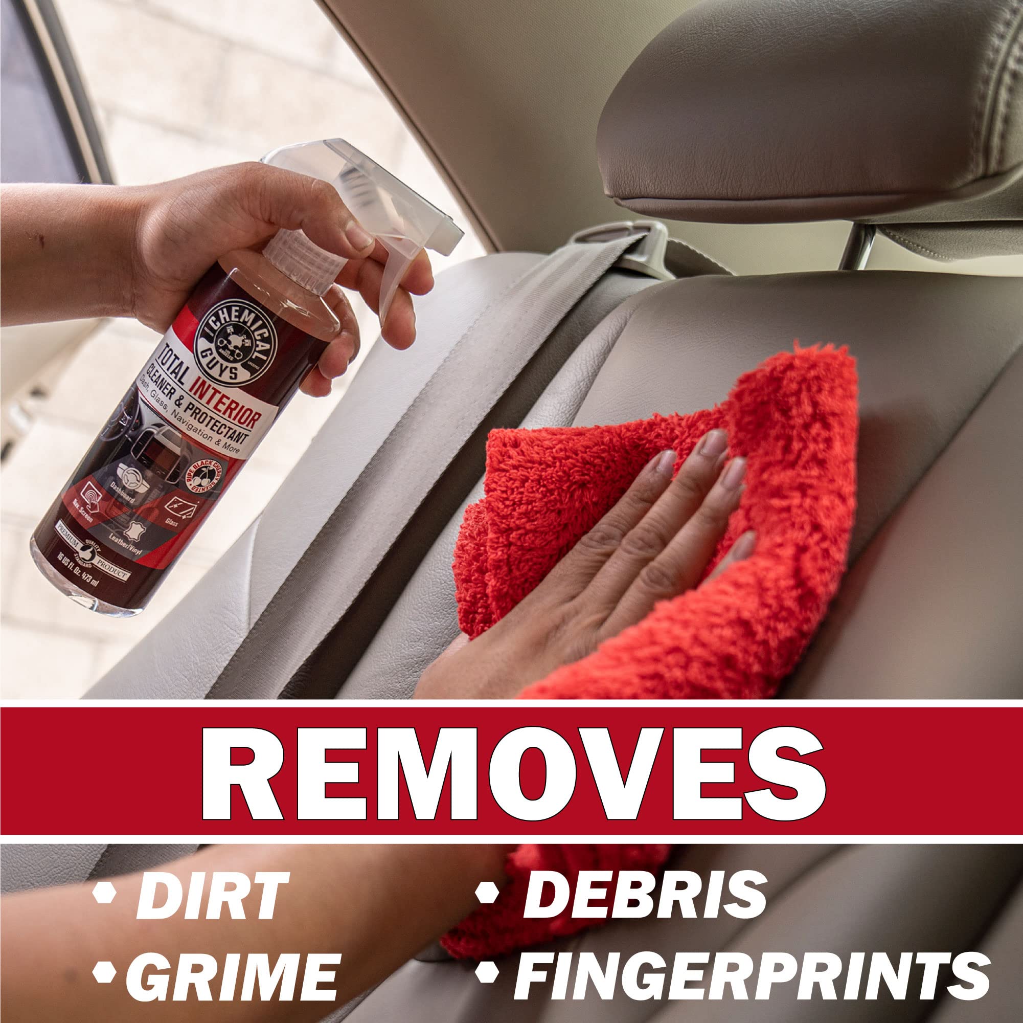 Chemical Guys treated door panel detail showing restored plastic look and reduced dust