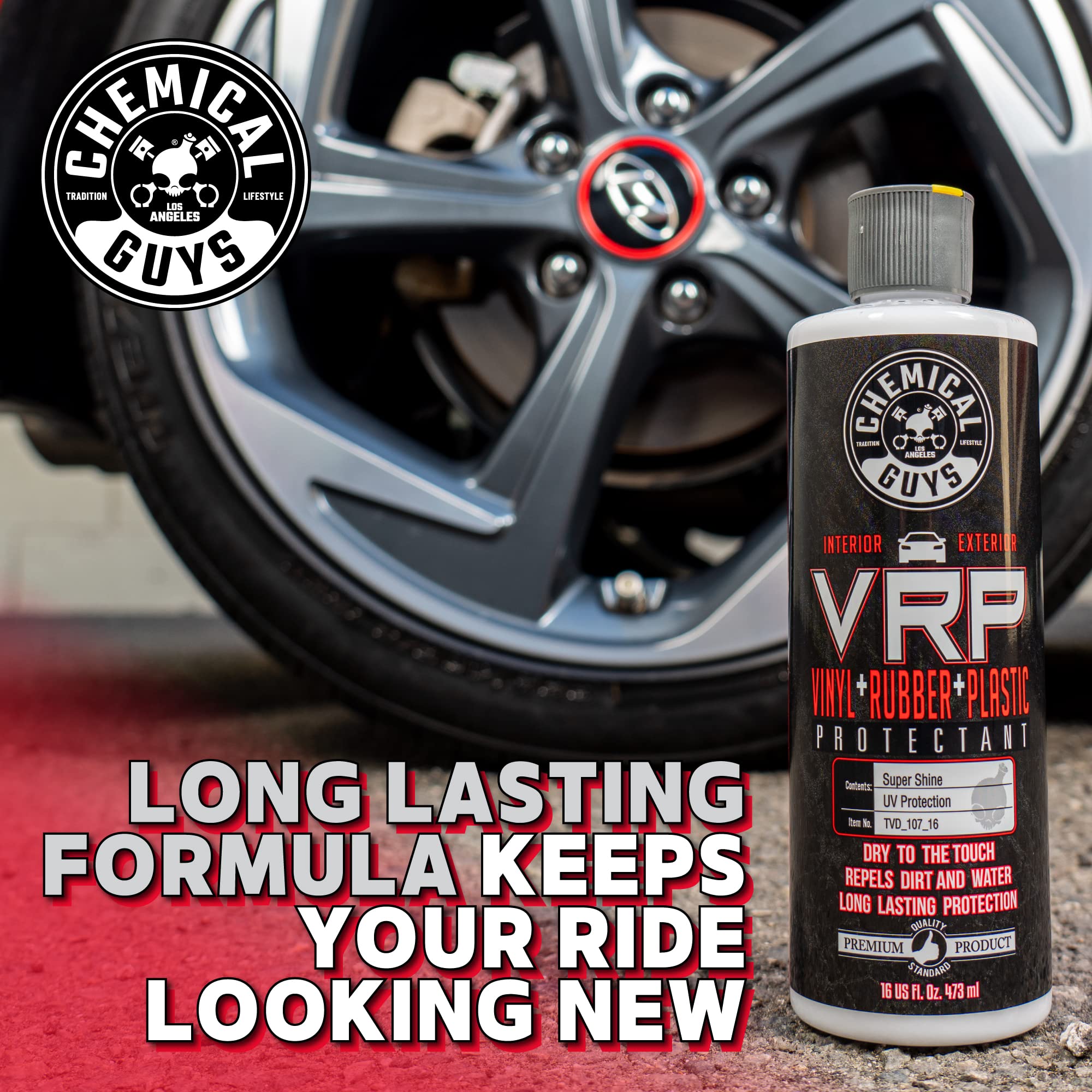 Chemical Guys applying VRP to tire restoring deep color and non-greasy finish benefit