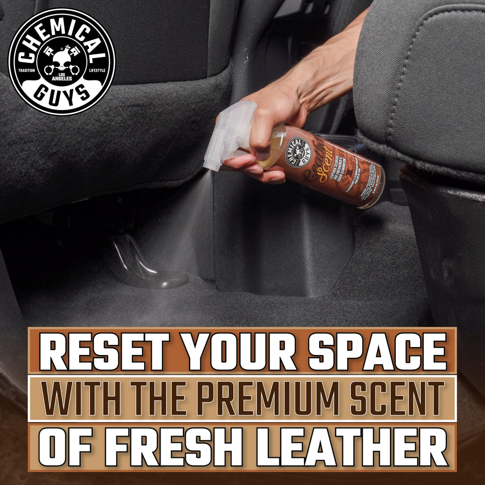 Chemical Guys bottle beside leather seat highlighting scent enhancement