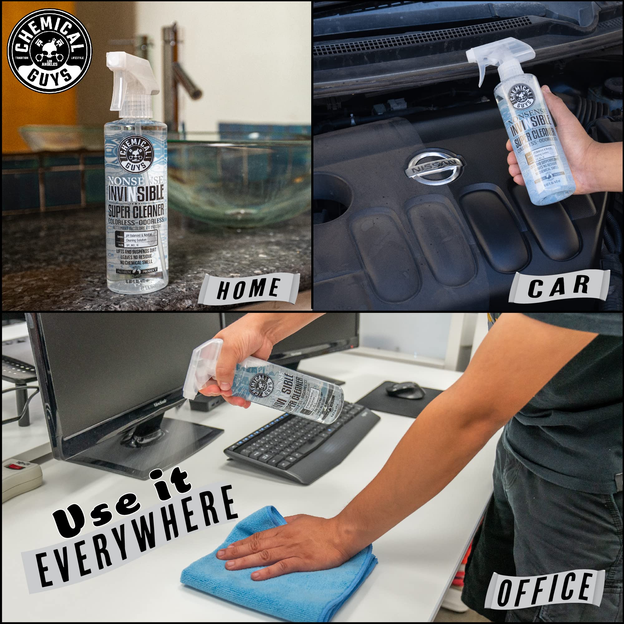 Chemical Guys bottle with microfiber and brush suggesting complete detailing kit
