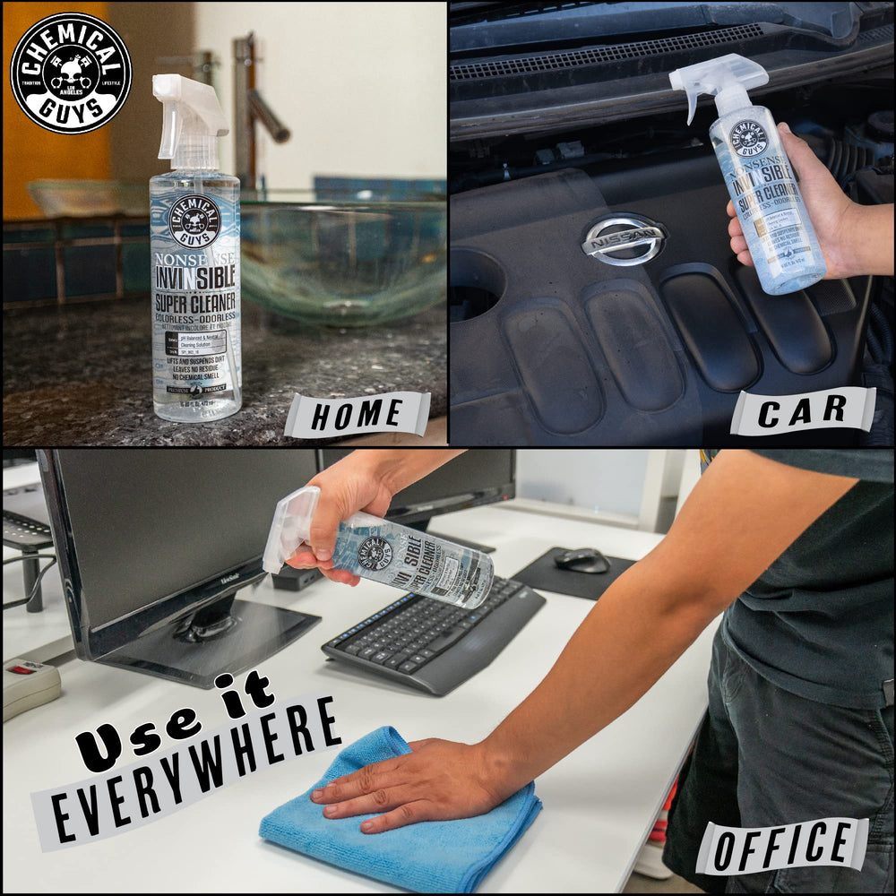 Chemical Guys bottle with microfiber and brush suggesting complete detailing kit