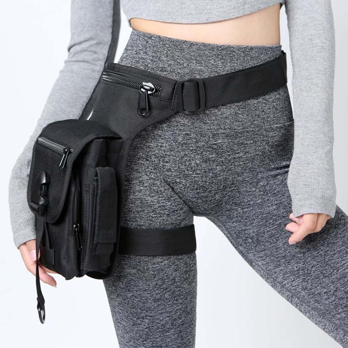chrisdien deny front view of thigh bag showing compact secure design