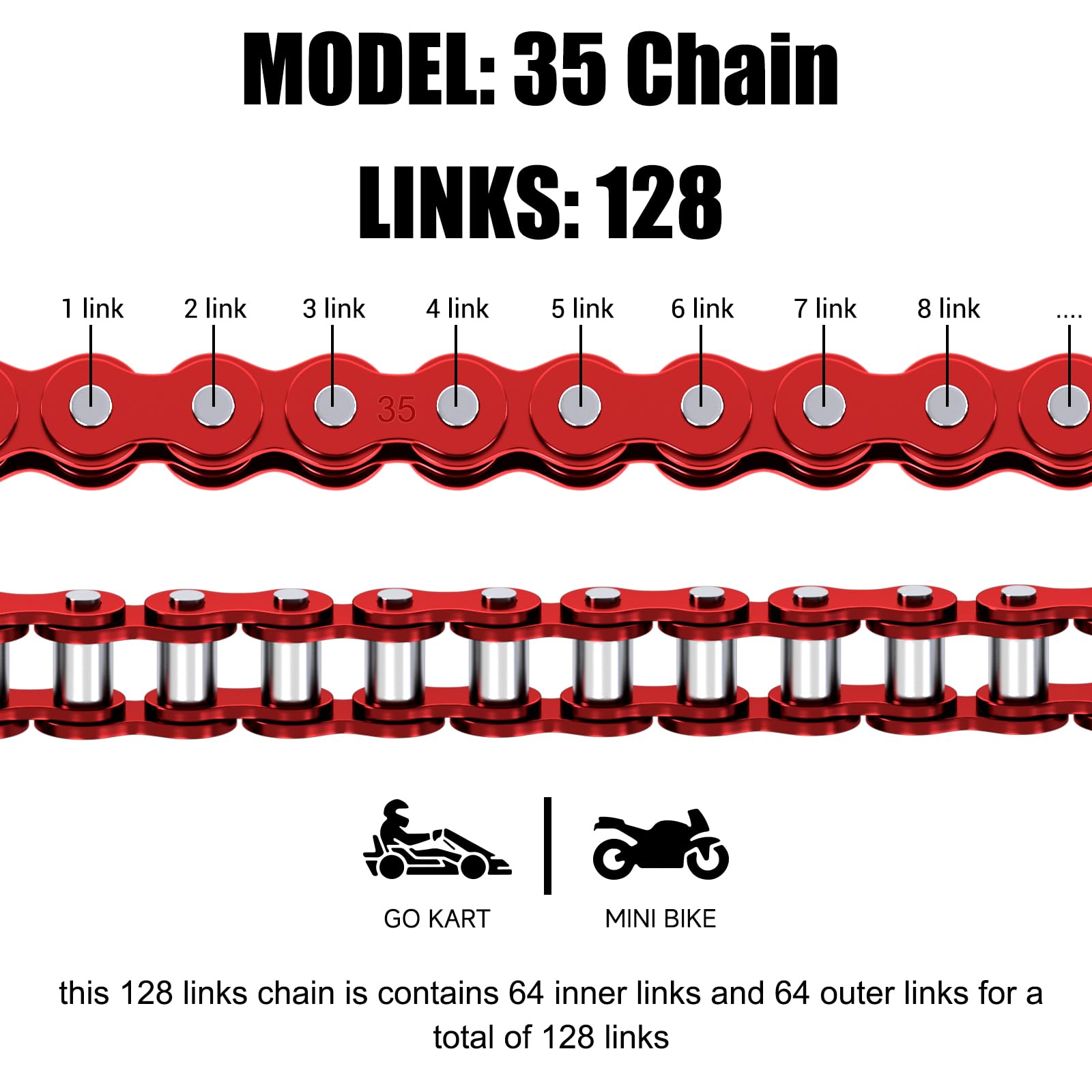 CILOYU #35 chain laid out 128 links showing exact 4‑foot length benefit