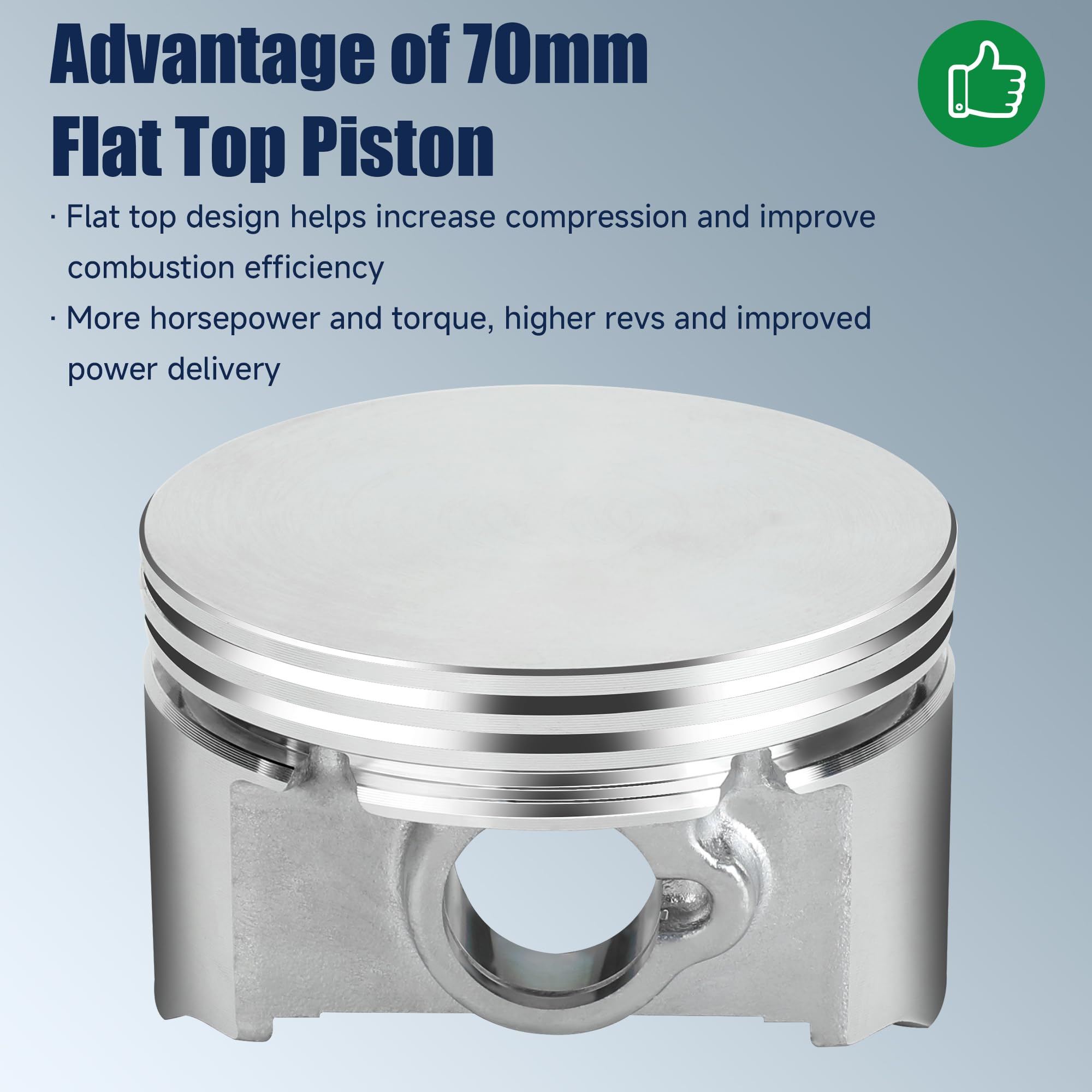 CILOYU piston kit shown next to ruler to illustrate 70mm size and scale