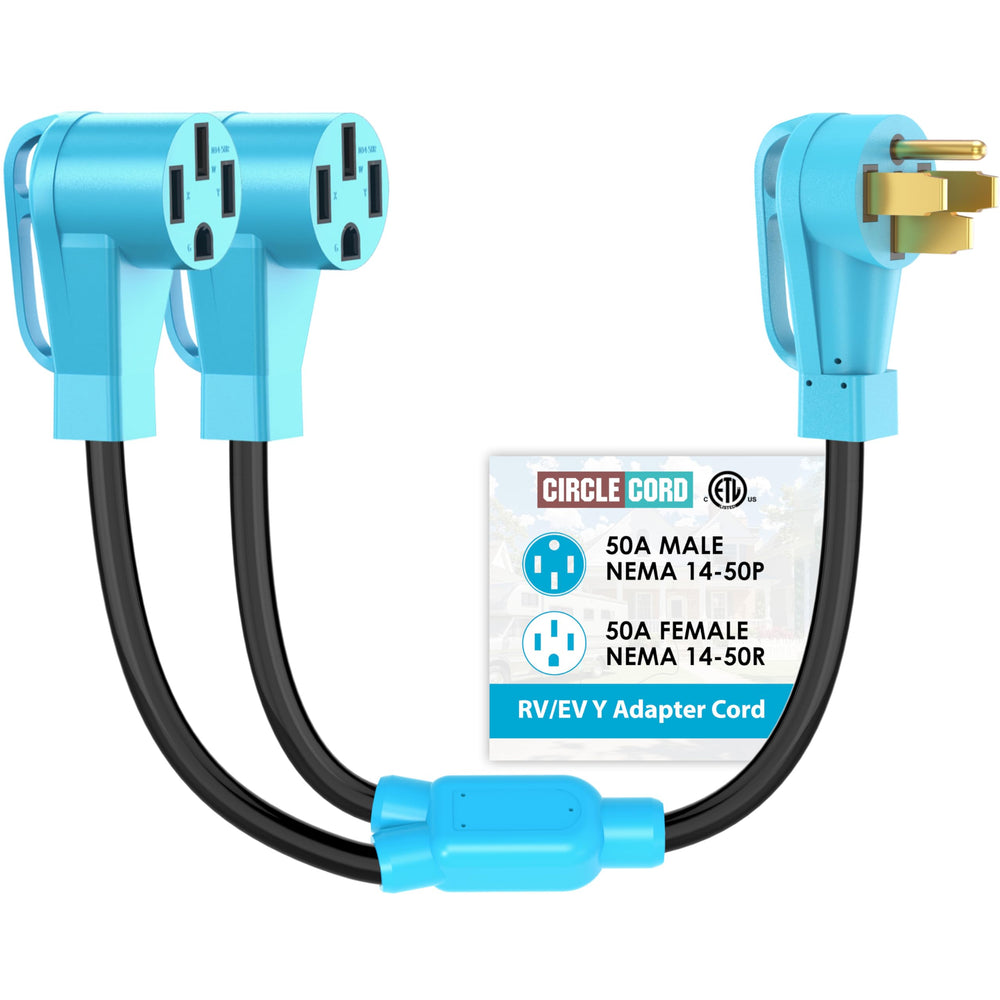 CircleCord front view of 50A Y adapter showing male and dual female connectors for clear hookups