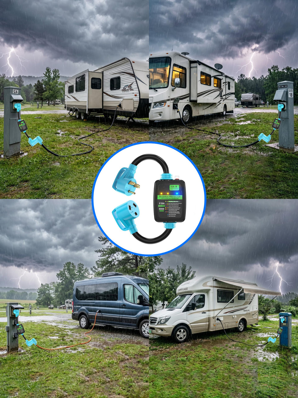 CircleCord in campsite setup protecting RV electronics for worry-free camping