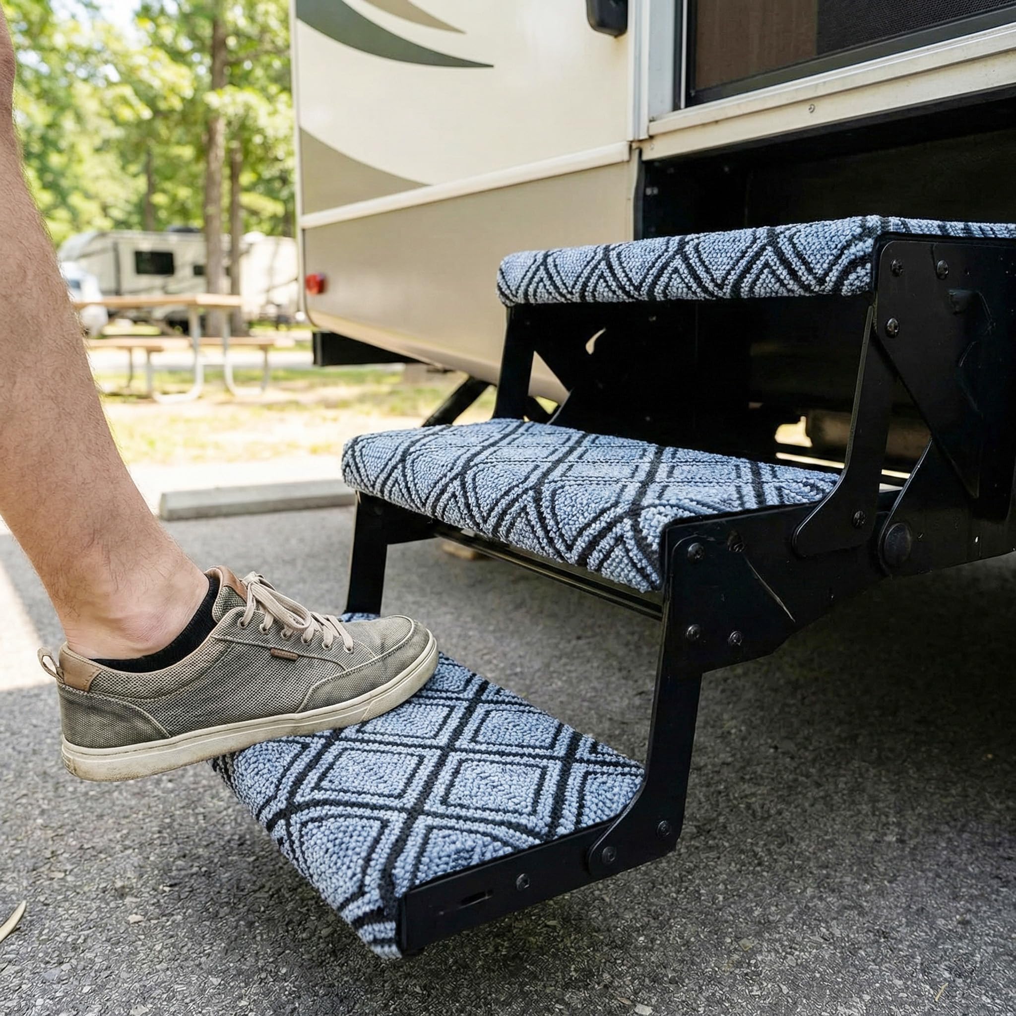 CircleRoad lifestyle at campsite showing easy entry and cleaner RV interior