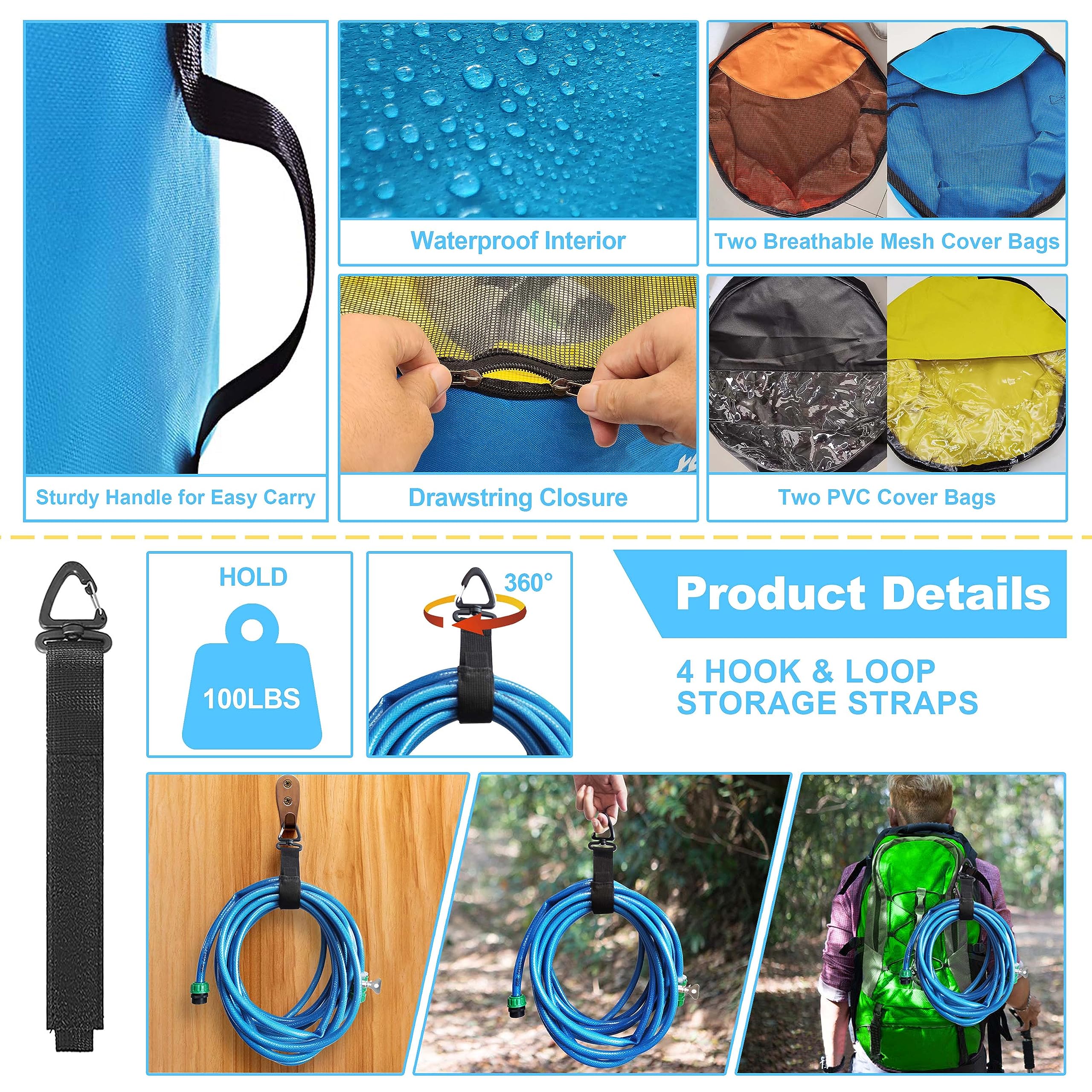 CircleRoad bag next to standard RV hose showing compact fit and space-saving benefit