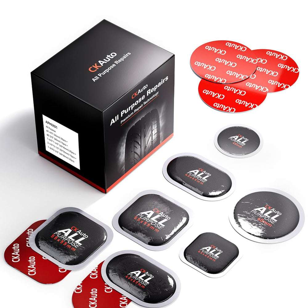 CKAuto front packaging showing 100-piece patch assortment and kit versatility
