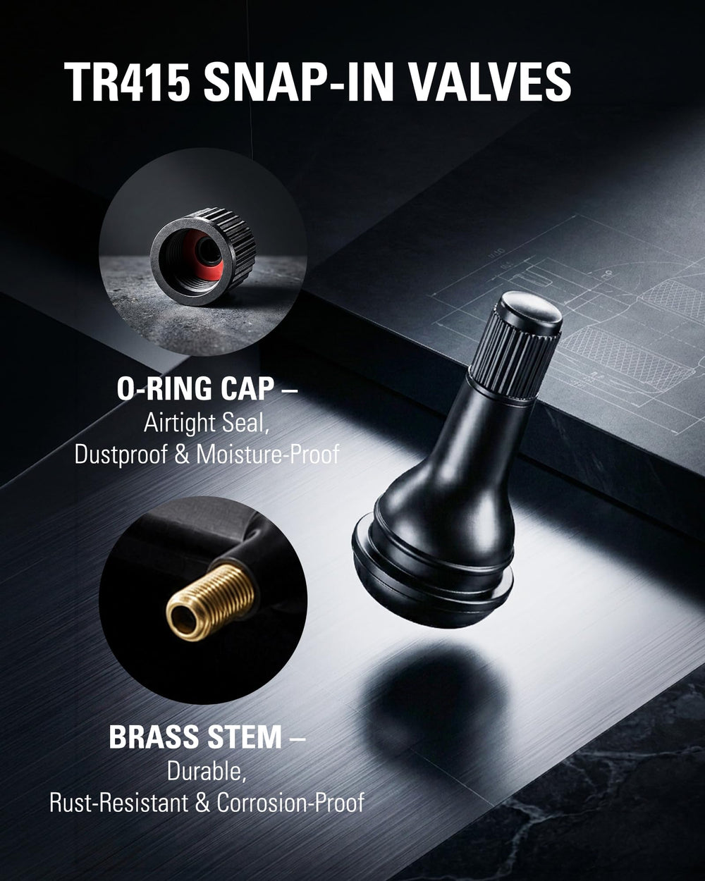 CKAuto TR415 close-up of brass core and EPDM rubber showing durability benefit