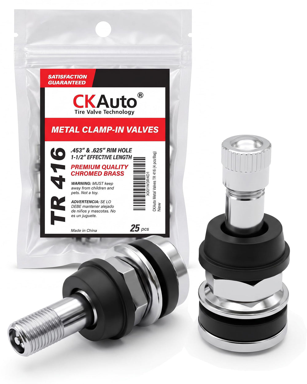 CKAuto front view of 25-piece TR416 pack showing contents and label benefits