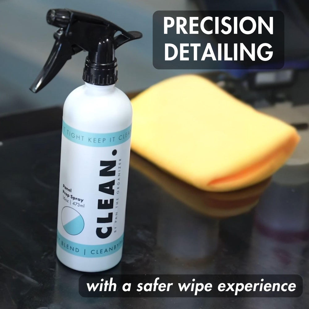 CLEAN. sprayed on tinted glass demonstrating tint-safe, streak-free cleaning