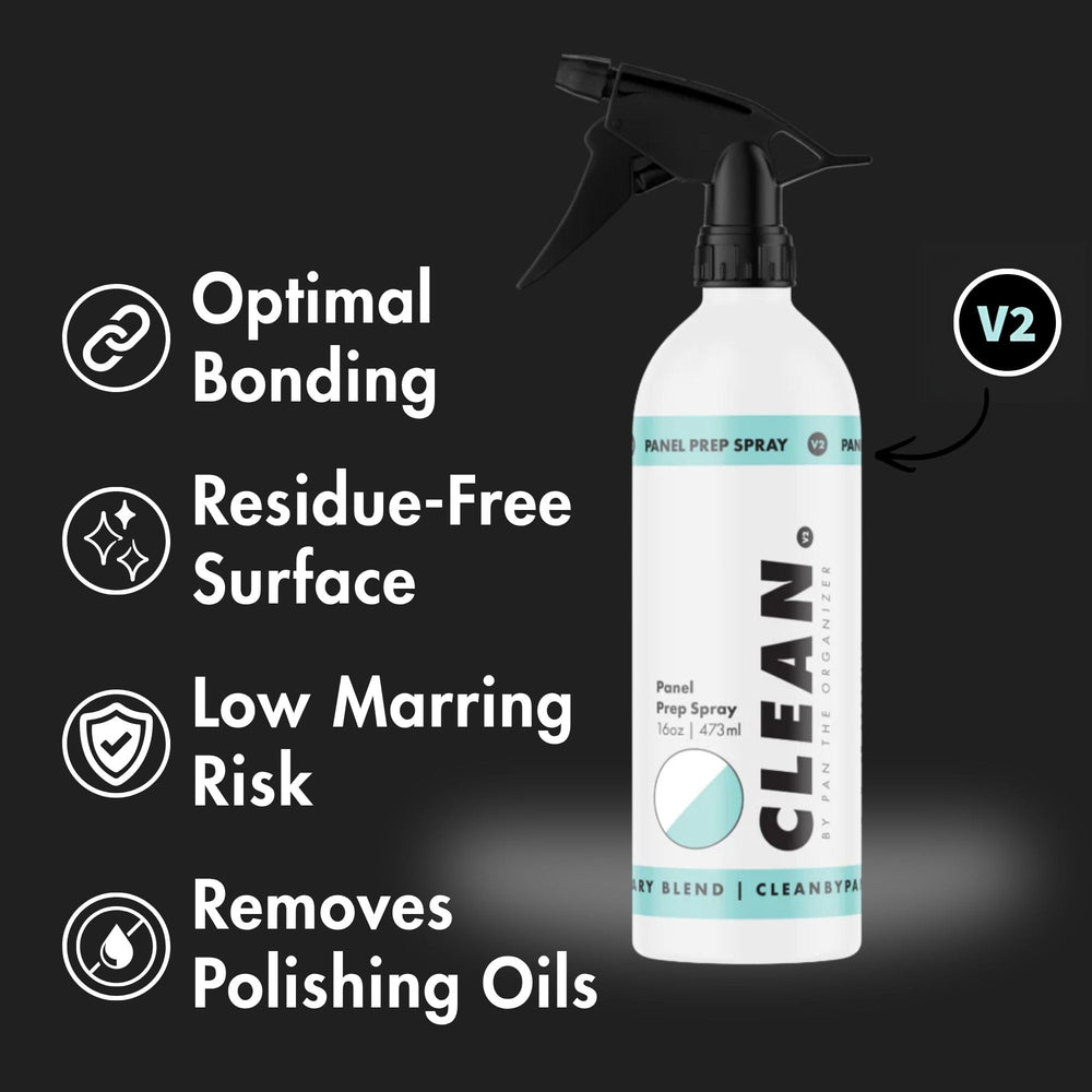 CLEAN. bottle spraying panel prep solution illustrating easy application and coverage