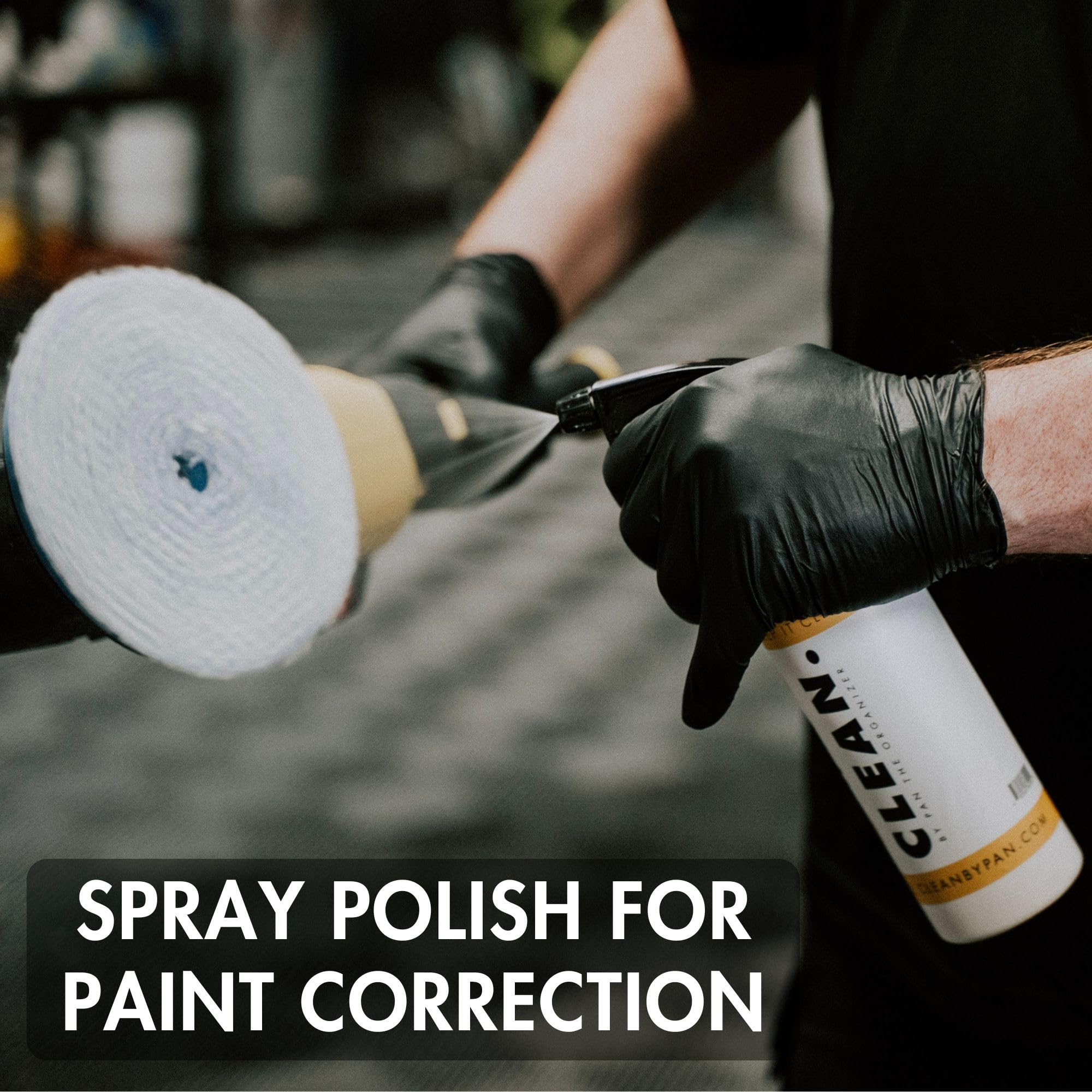 CLEAN. spray polish being dispensed from bottle for fast application