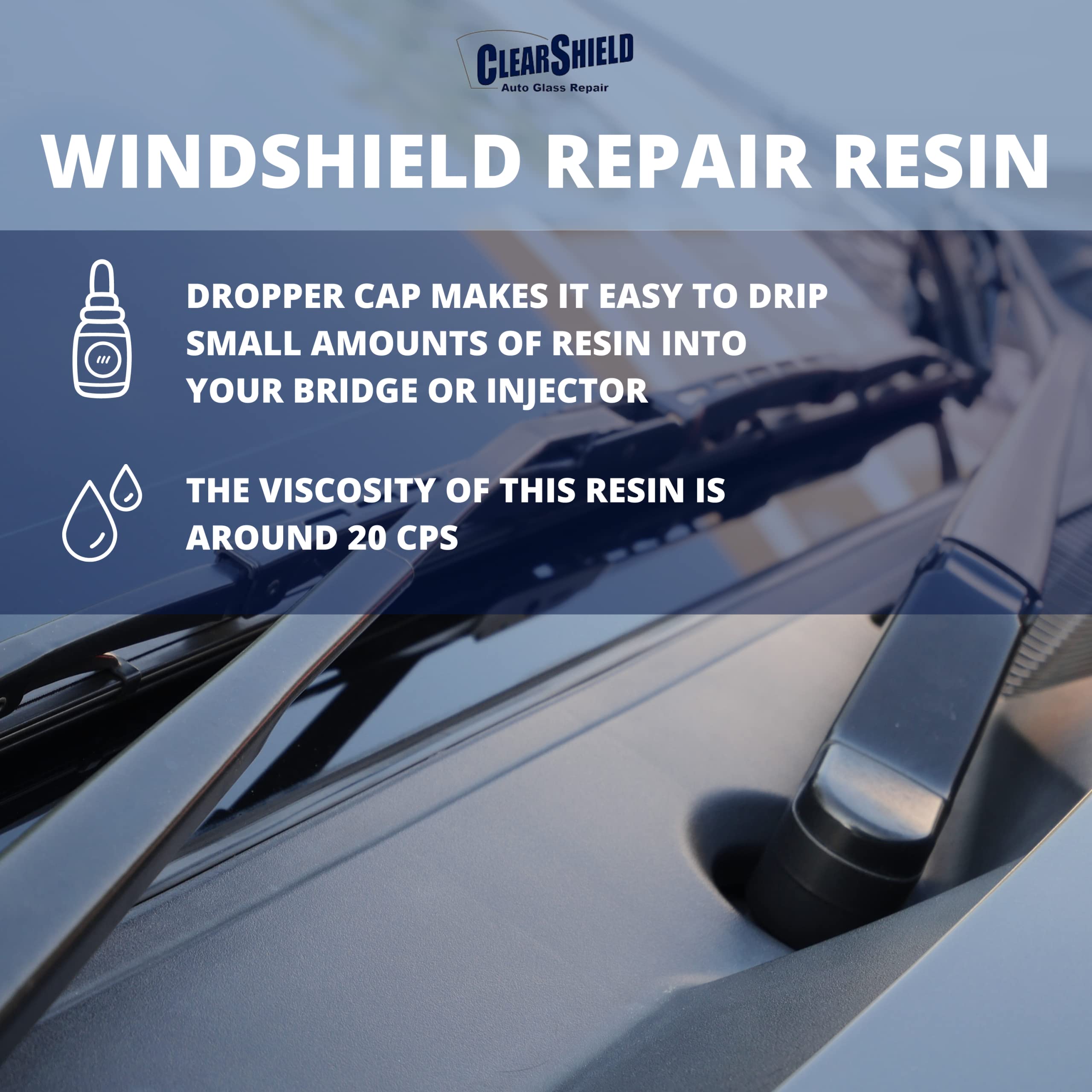Clearshield resin applied into windshield chip demonstrating repair precision