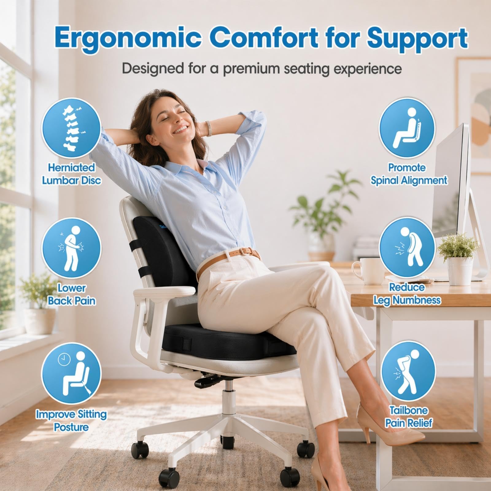 CloudBliss lumbar pillow close-up showing ergonomic curve for back support
