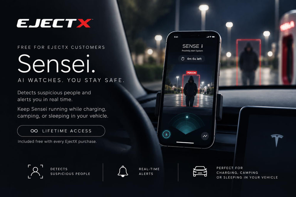 CM USA TECH EjectX warranty card and AI app screen showing lifetime protection benefit