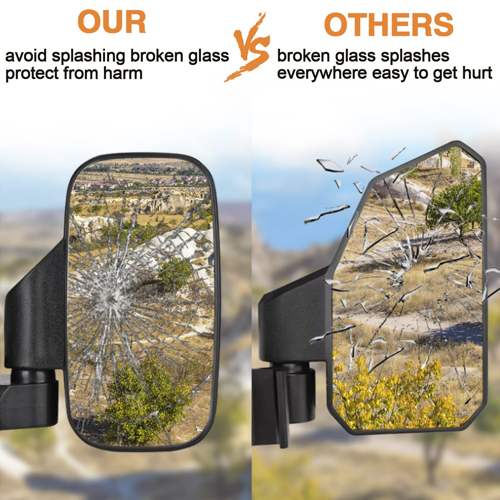 CMOOD lifestyle shot of UTV driving with mirrors showing safer rear view