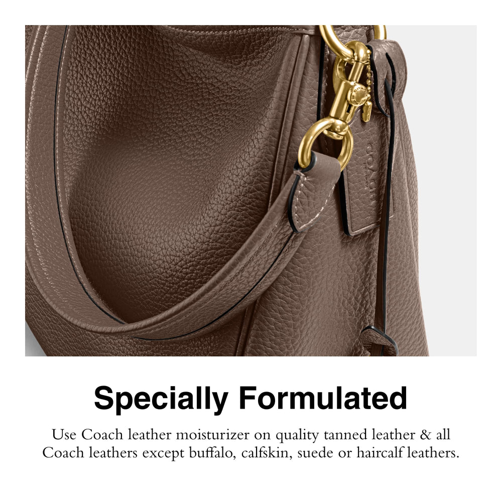 COACH moisturizer being applied to a shoulder bag demonstrating protection and softness
