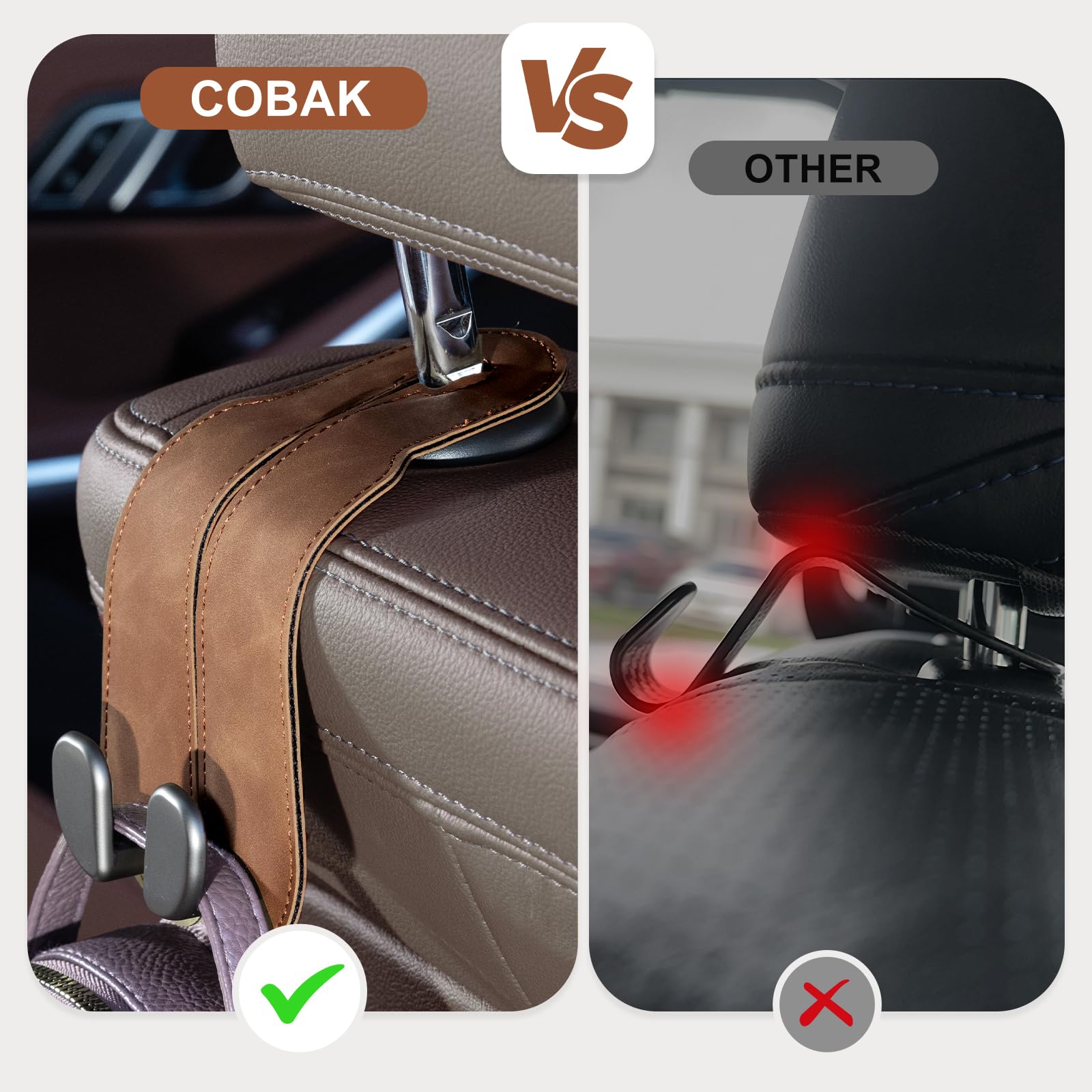 CoBak hook holding a handbag on a headrest showing secure, tidy storage