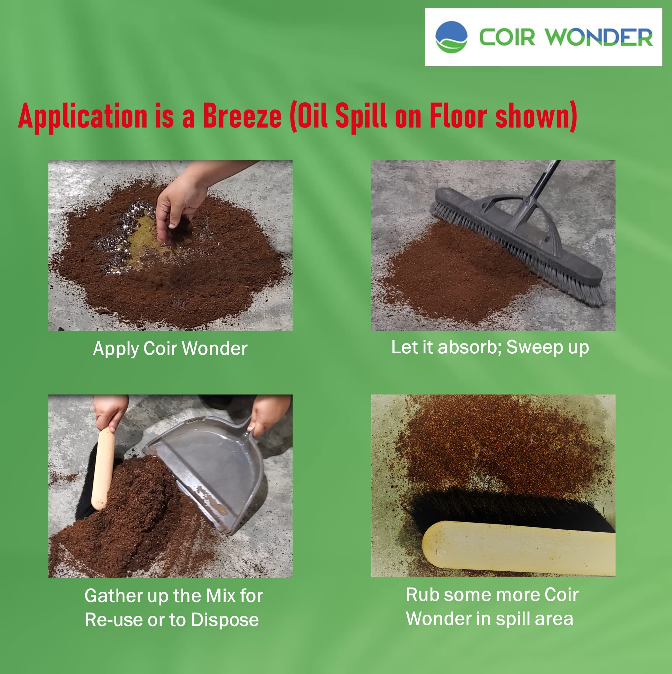 Coir Wonder granules solidifying cooking oil spill in a kitchen for safer disposal