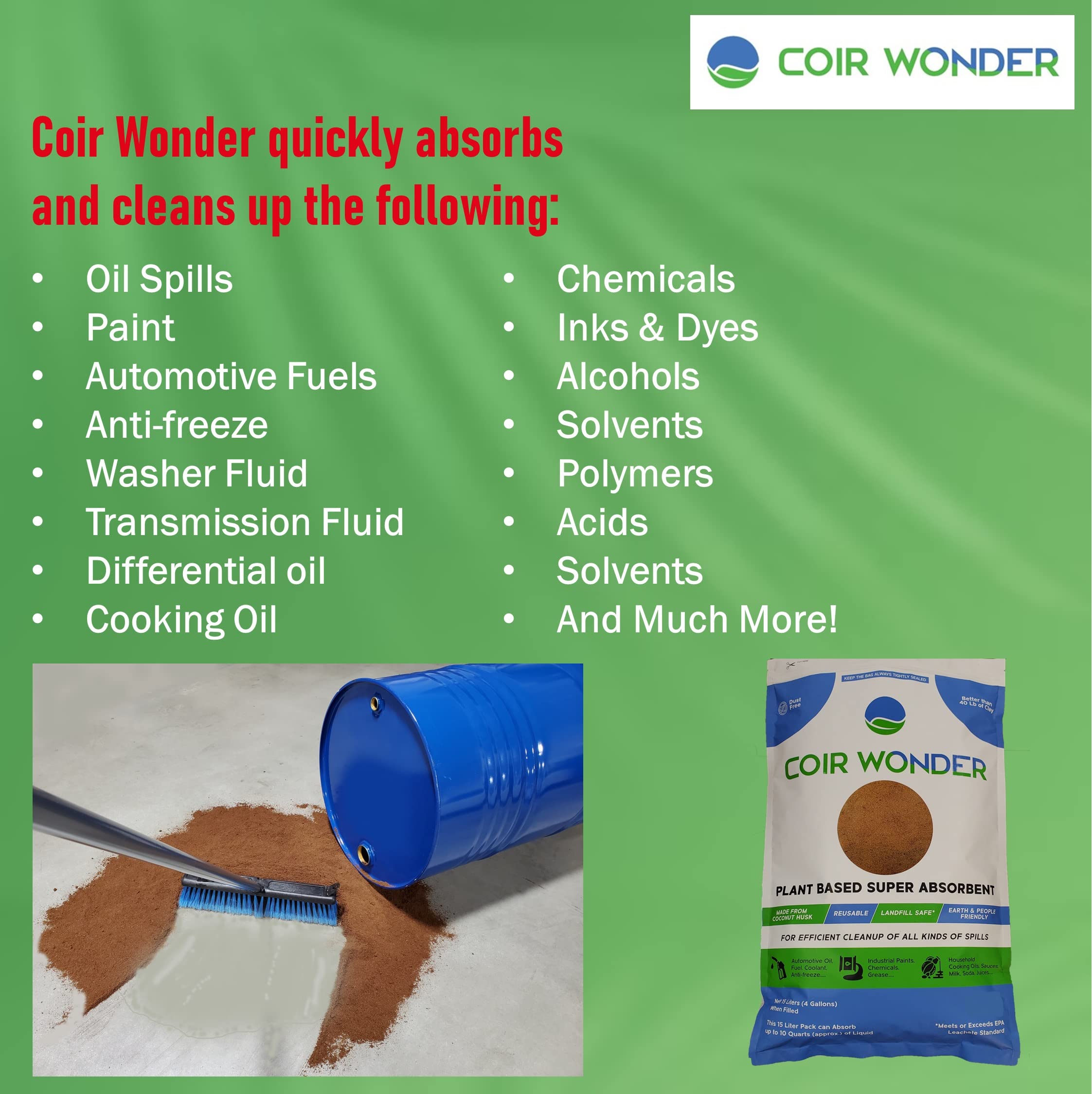 Coir Wonder used as a sweeping compound collecting dust with low dust