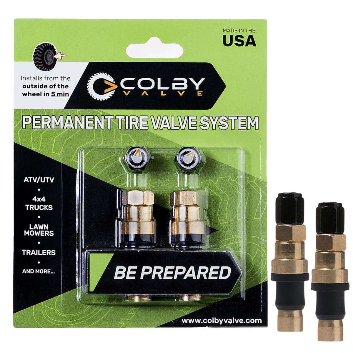 Colby Valve front view showing two brass valve stems and quick replacement benefit