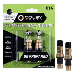 Colby Valve front view showing two brass valve stems and quick replacement benefit