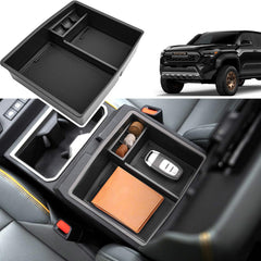 Coleya front view of black console tray showing fit and clean finish, improving organization