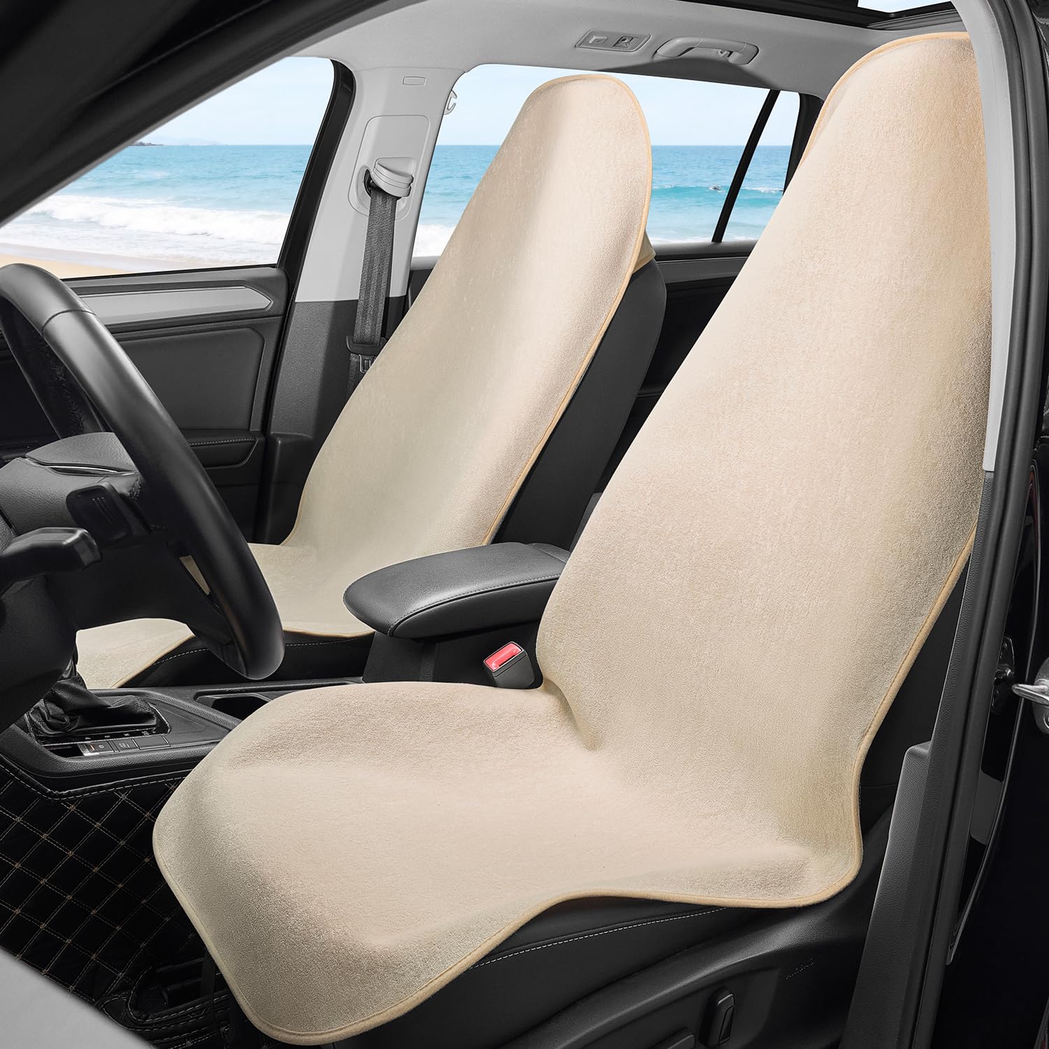 COLINOO front seat cover beige showing neat fit and immediate seat protection