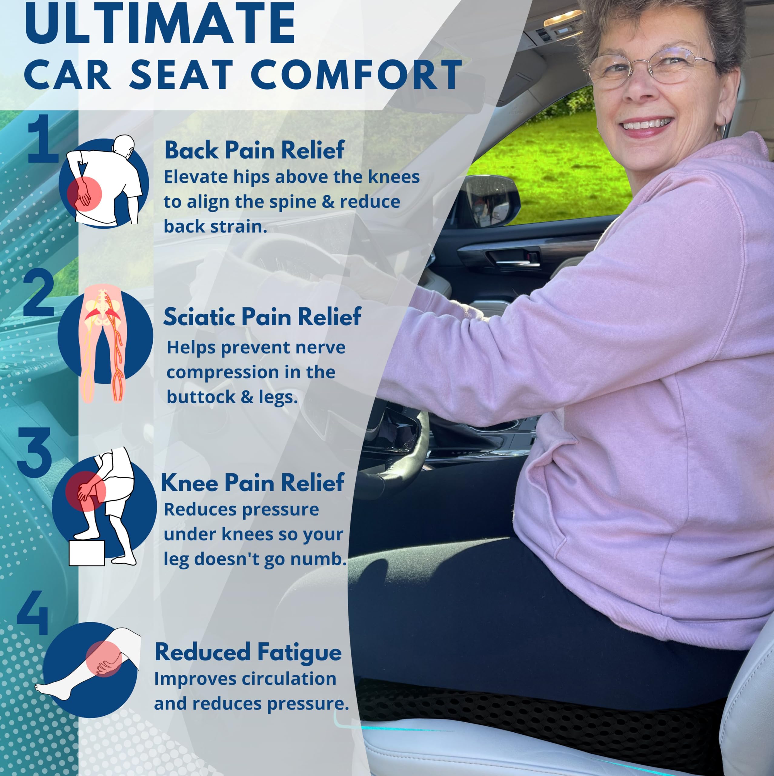 ComfiLumba height boost in truck seat helping shorter drivers see the road