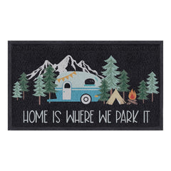comfoyar front view doormat showing camping motif and welcoming design benefit: stylish entry