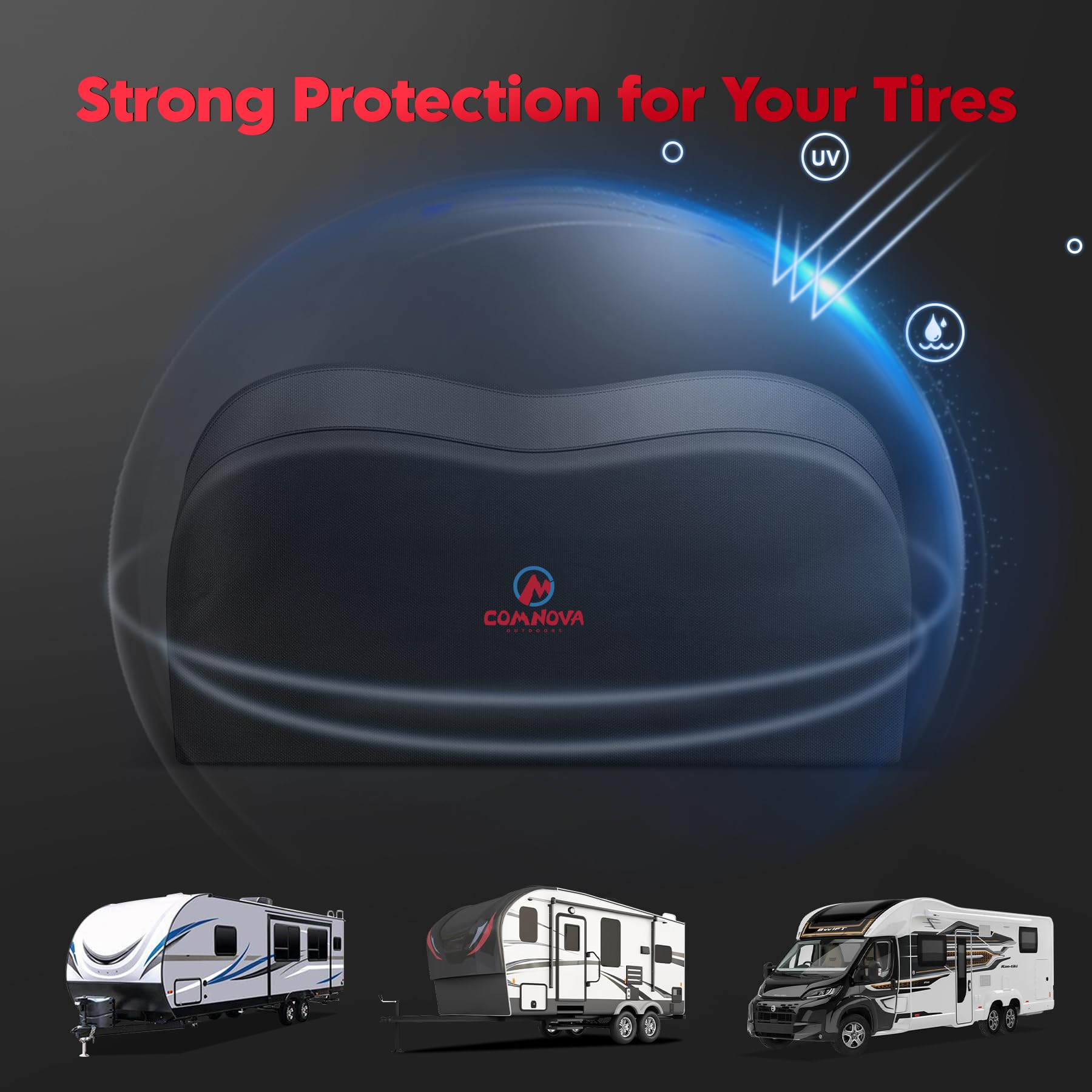 M COMNOVA OUTDOORS full coverage on dual-wheel cluster, prevents UV and debris damage