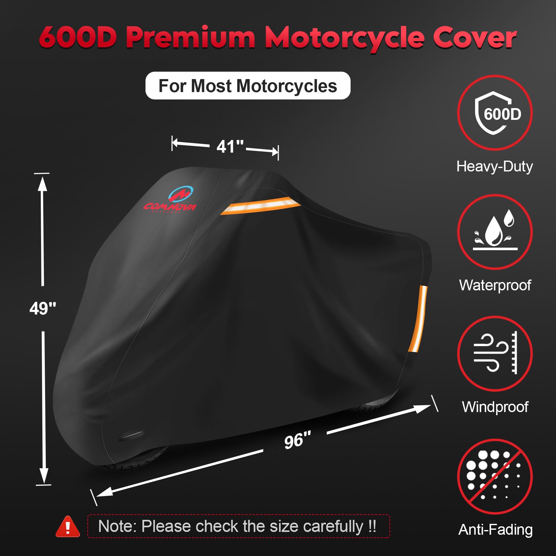 M COMNOVA OUTDOORS cover fully draped over motorcycle protecting from weather
