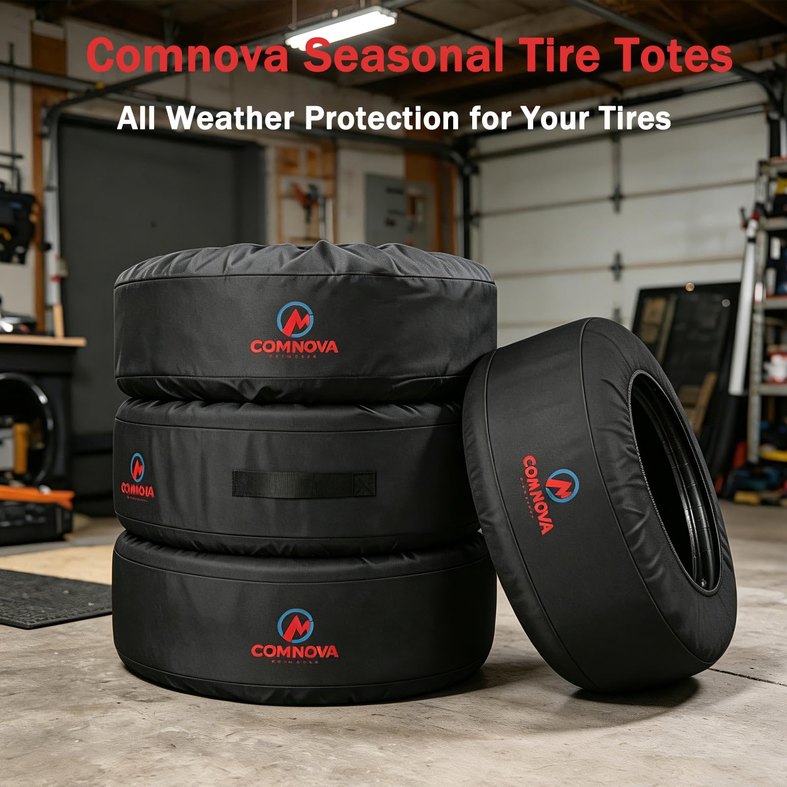 M COMNOVA OUTDOORS driveway scene showing neat seasonal tire storage