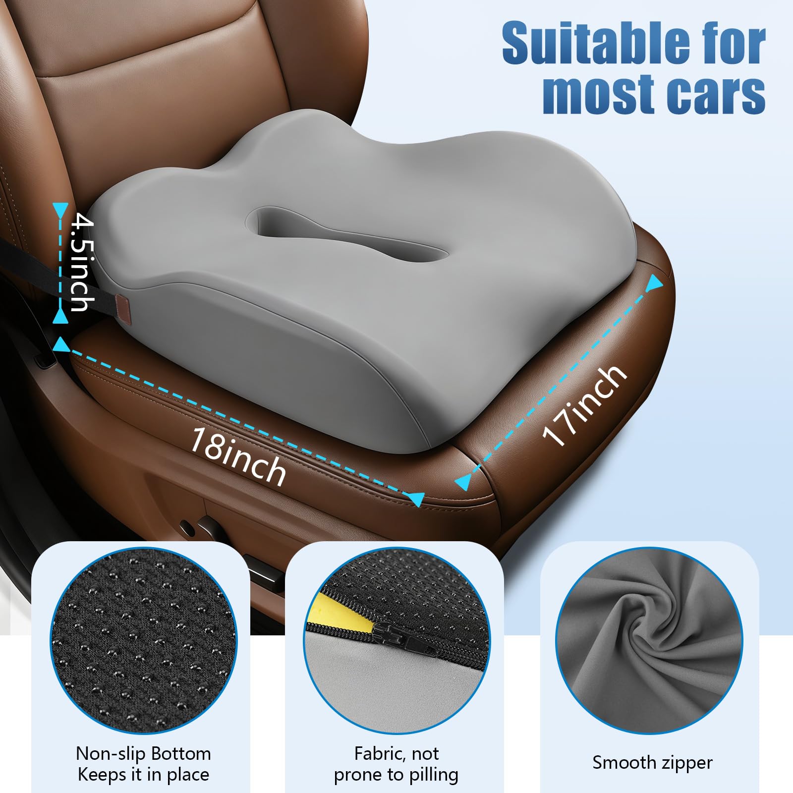 Comphekept cushion installed in a car seat improving long-drive comfort