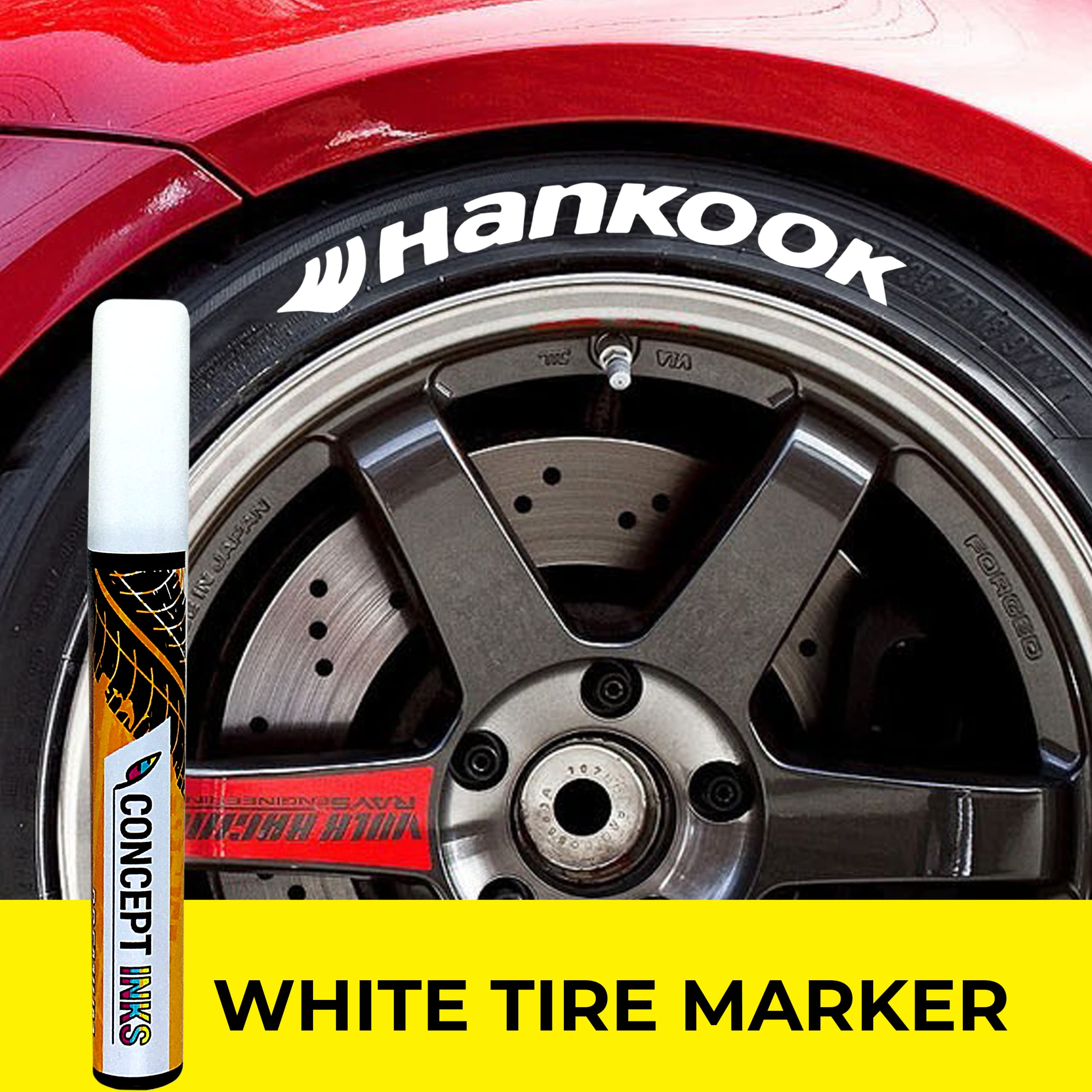 ConceptInks pen next to tire for scale showing compact size and generous coverage benefit