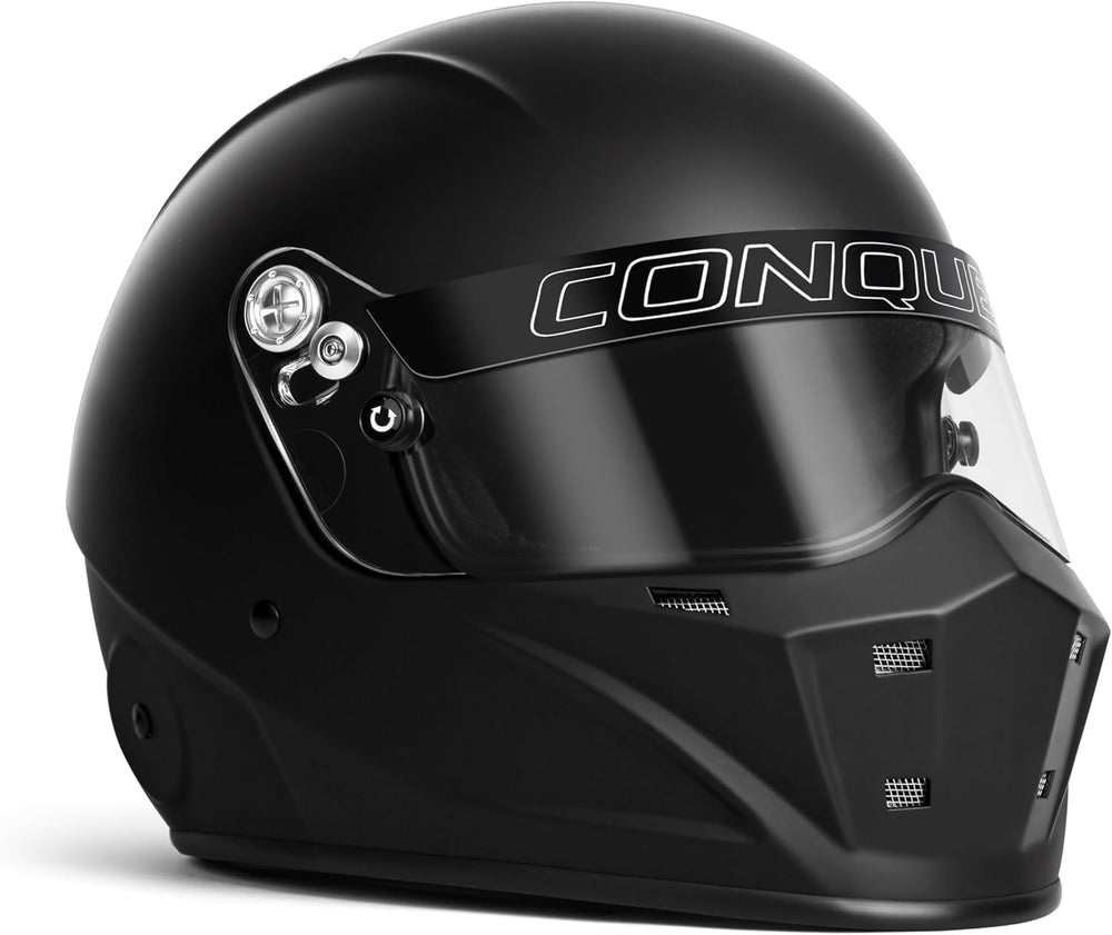 Conquer helmet front view showing sleek black white silver styling and track-ready protection